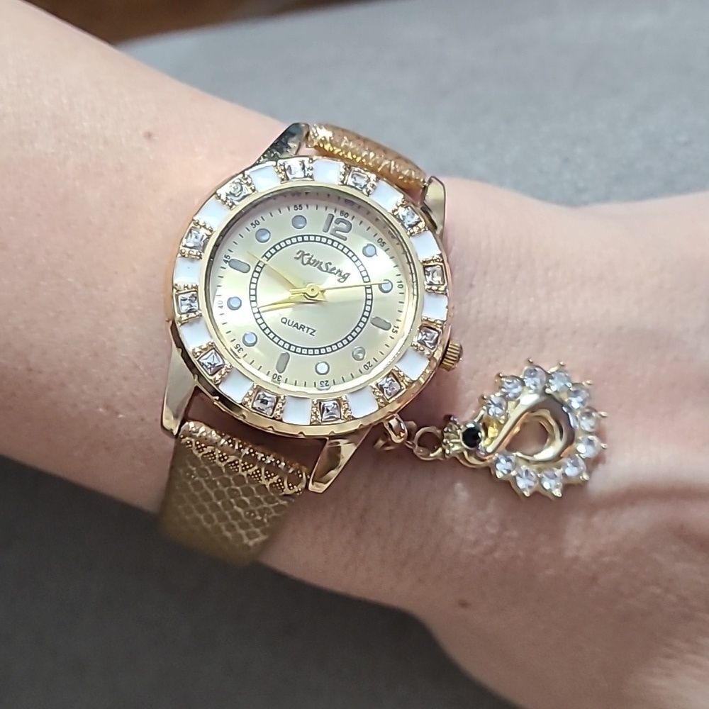 Kim Seng Quartz fashion Watch Gold white bling Dangle charm - Picture 12 of 14
